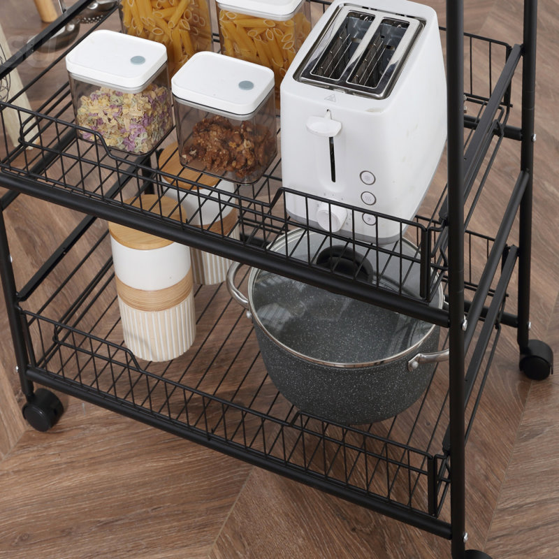 Chariot de cuisine à 3 niveaux, chariot de rangement utilitaire avec 2 tiroirs, crochets latéraux pour la salle à manger