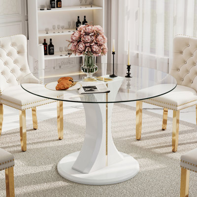 Table de salle à manger sur pied ronde en verre trempé de 47,2 po, table de salle à manger en verre transparent avec base stable pour la salle à manger, le coin-repas et le bureau personnel