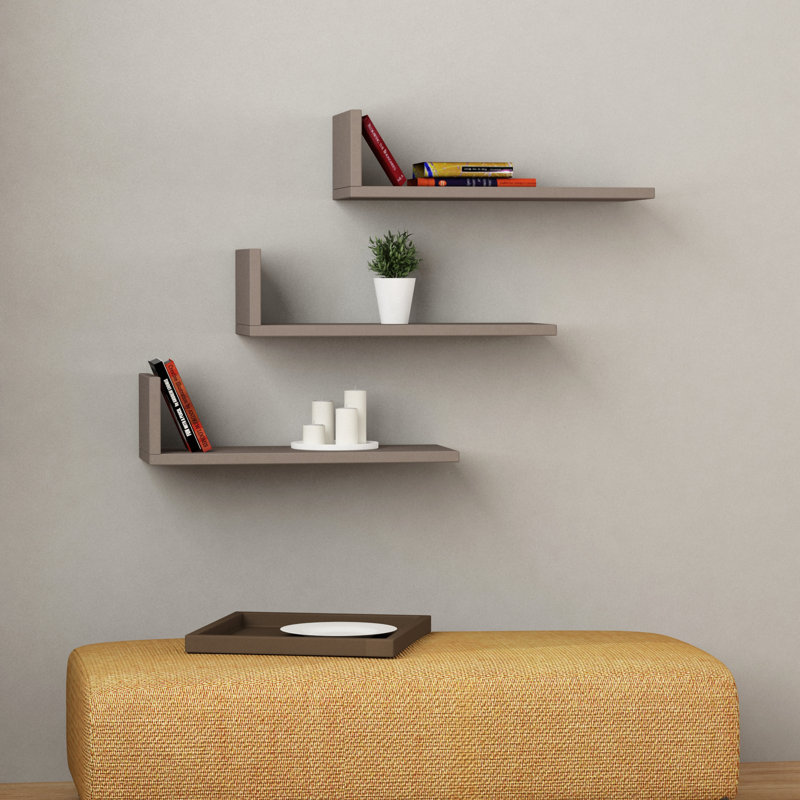 3 Piece Bracket Shelf Set | Wall-Mounted L-Shaped Shelves, Light Mocha