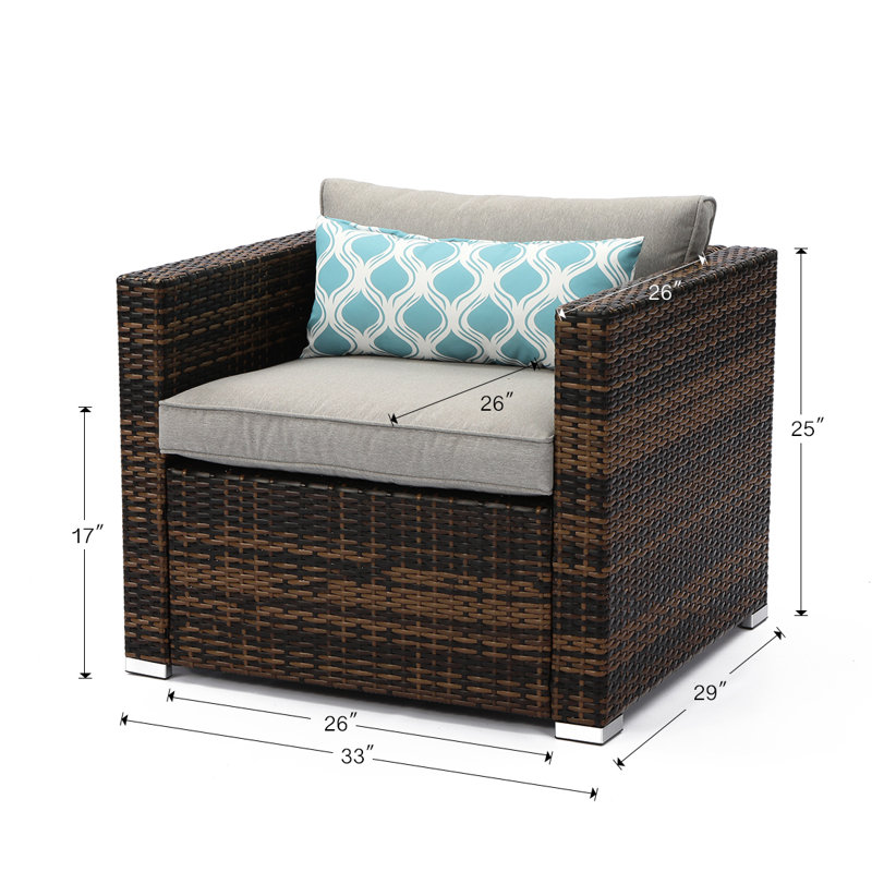 Hygge Outdoor Furniture All-Weather Mottlewood Brown Wicker Single Chair W Warm Gray Thick Cushions, Teal Pattern Pillow