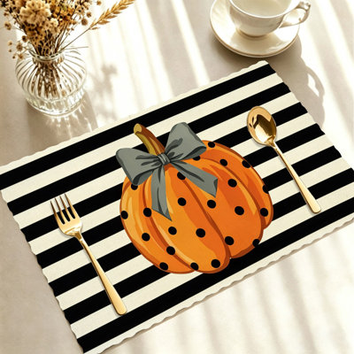 Halloween Placemats Set of 4 - Heat-Resistant Table Mats, for Indoor & Outdoor Dining,Black Orange Striped Pumpkin