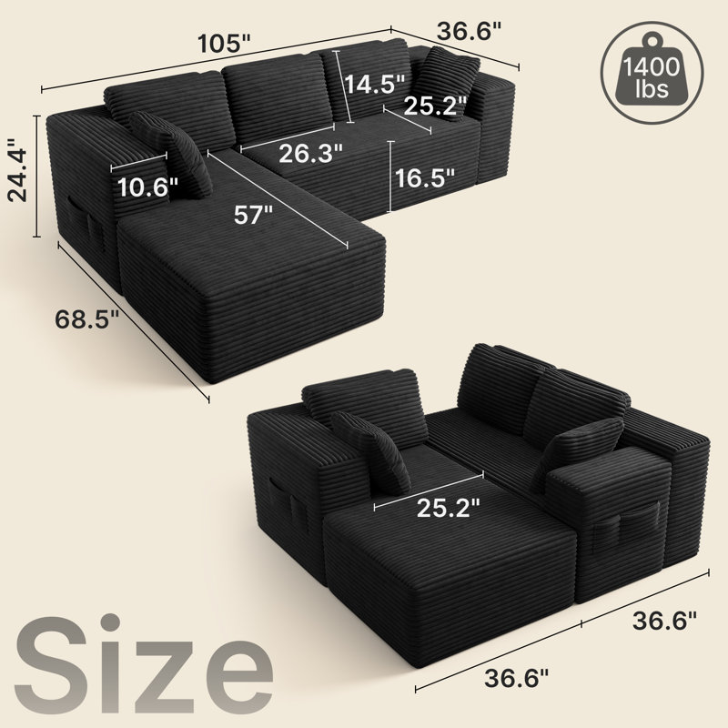L-shaped movable sofa, no installation required, Ergonomically designed chair with corduroy fabric, Side storage pockets, and 32D High-Resilience Sponge