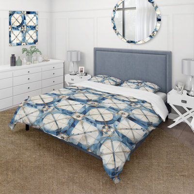Vintage Cobalt Quadrants Geometric - Ensemble de housse de couette en damas