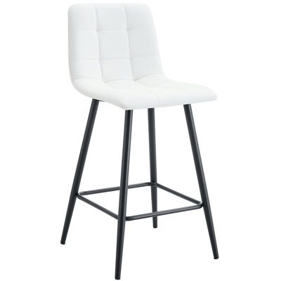 Deux chaises de bar en PU blanc avec siège à carreaux, pieds en métal noir, chaises imperméables et endommagées, deux, croisillons pour plus de stabilité