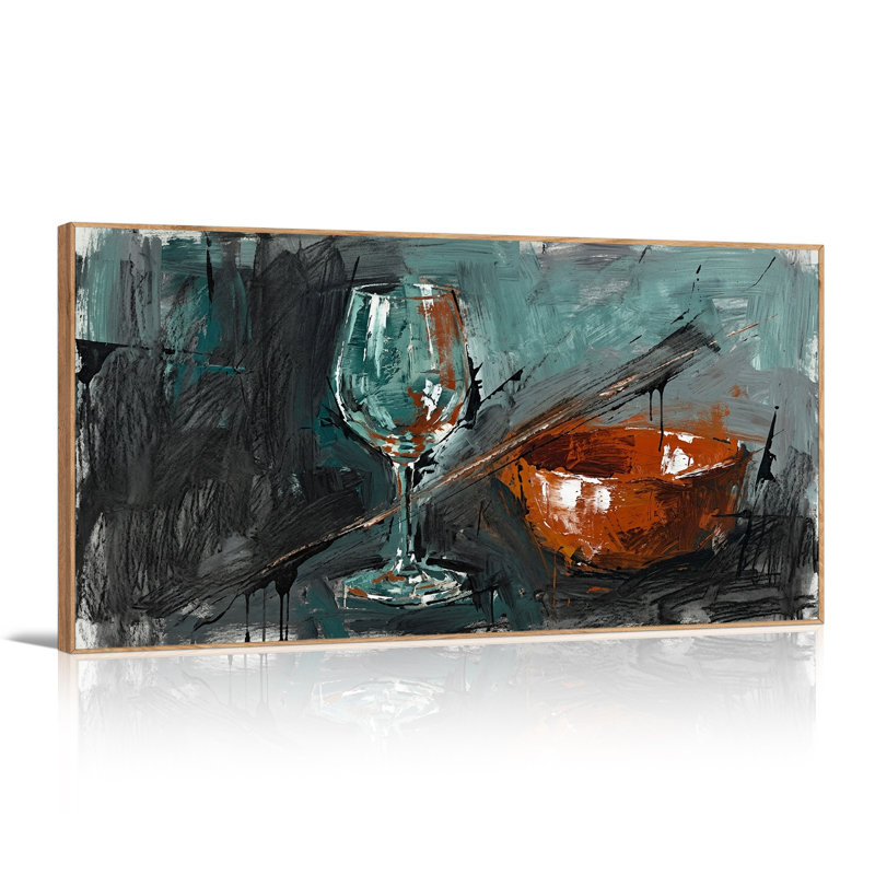 Tableau abstrait sur toile turquoise représentant un verre à vin et un bol de rouille, L 46 po x H 24 po