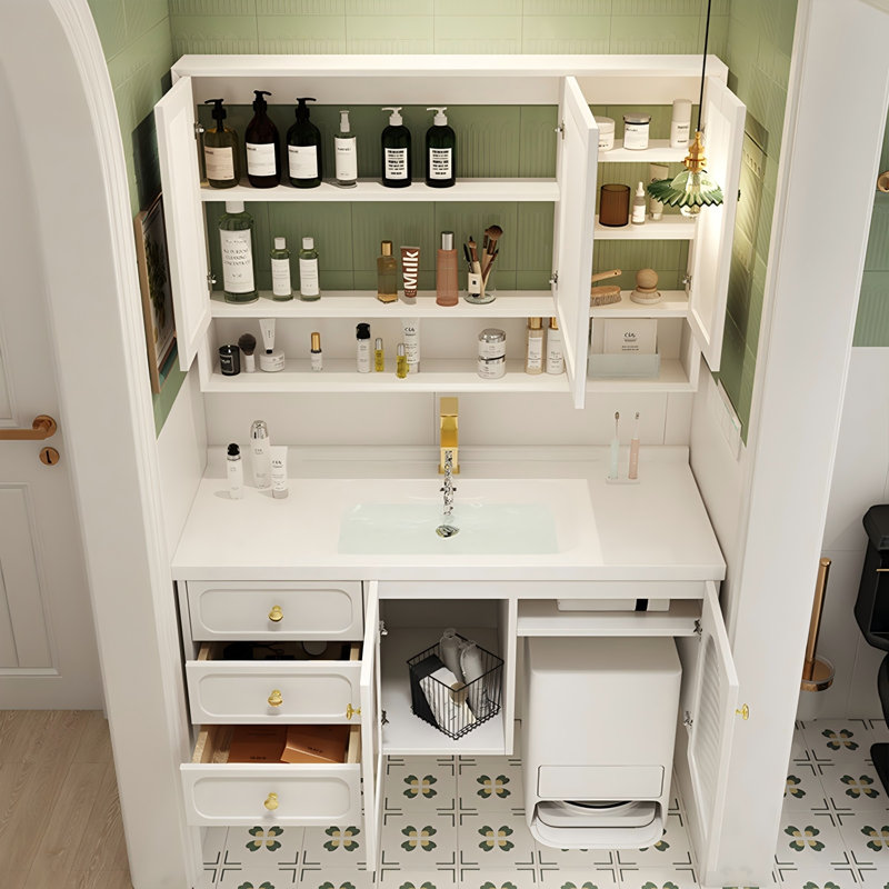 Meuble-lavabo mural moderne en bois d'hévéa couleur crème avec lavabo en céramique intégré et armoire à miroir intelligent