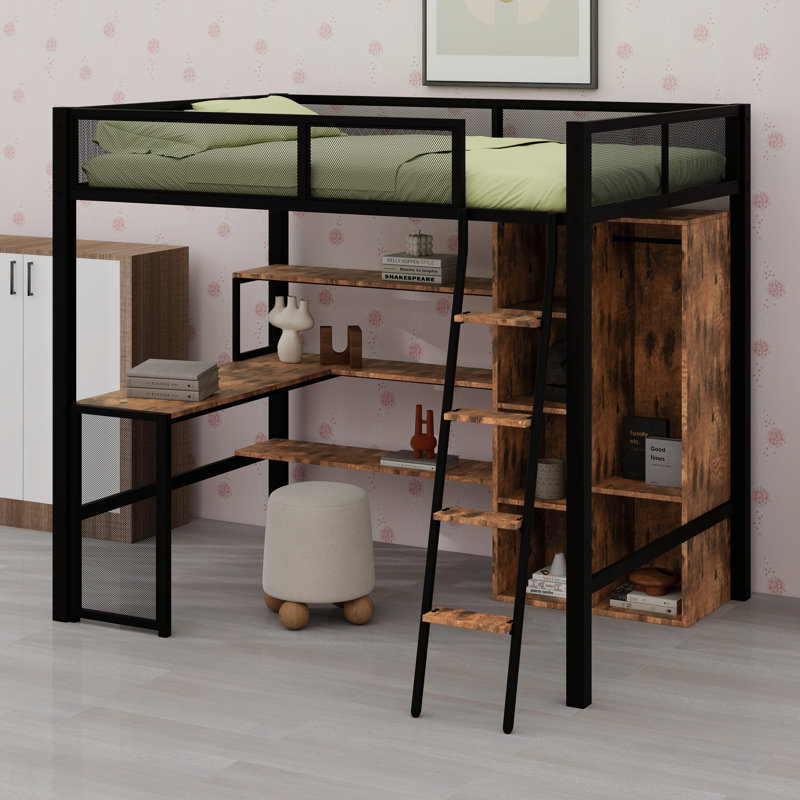 Lit mezzanine avec bureau et garde-robe de rangement, échelle encastrée et garde-corps sur toute la longueur