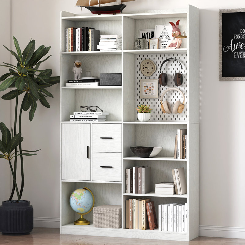Modern White Storage Shelf With Drawers And Pegboard Design – Versatile Bookshelf For Home Or Office