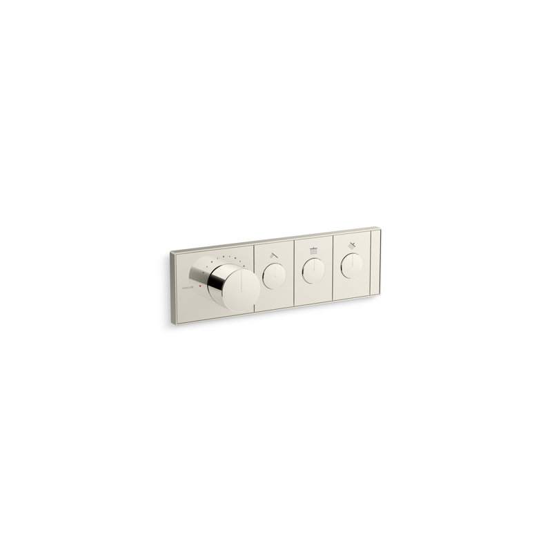 Anthem Three-Outlet Thermostatic Valve Control Panel With Recessed Push-Buttons, Vibrant Polished Nickel