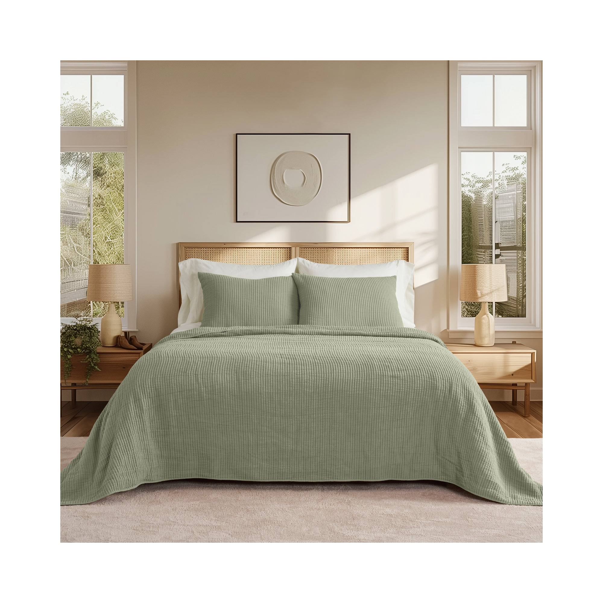 Ribbed Matelassé Cotton Coverlet Set, King Quilt + 2 King Shams, Sage Green