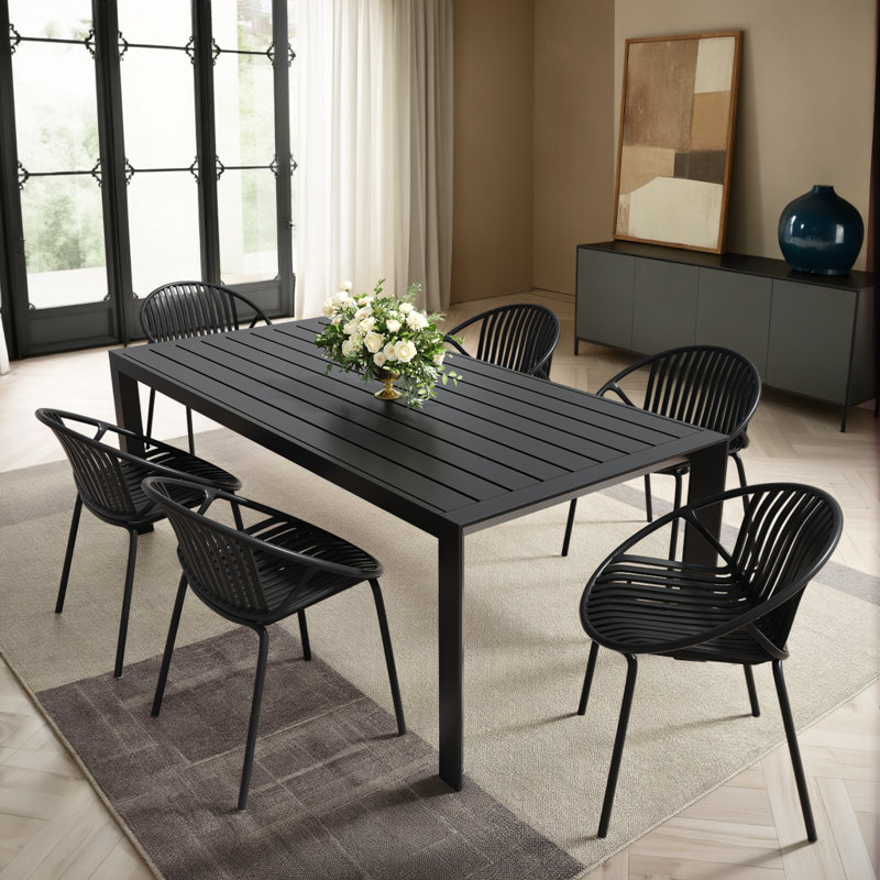 Ensemble de conversation pour l'extérieur 7 pièces, table en aluminium noir et 6 chaises en PP empilables, ensemble repas d'extérieur moderne, résistant aux intempéries, capacité de 300 lb