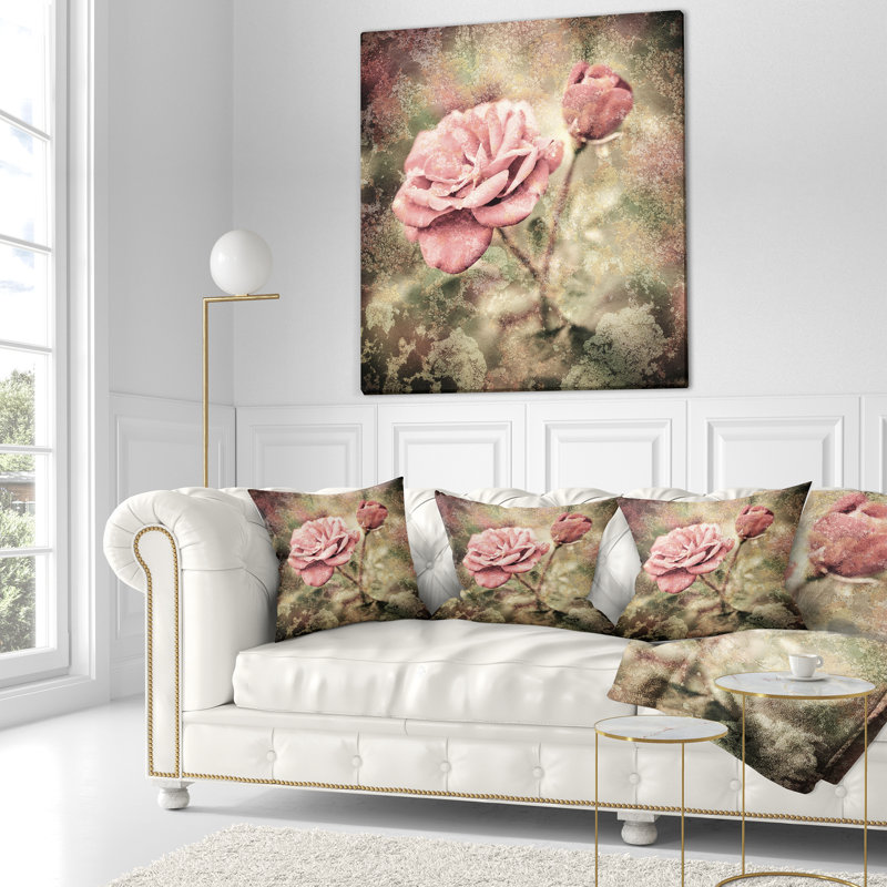 Vintage Pink Roses with Water Drops - Floral Printed Pillow, 16" x 16", Throw Pillow