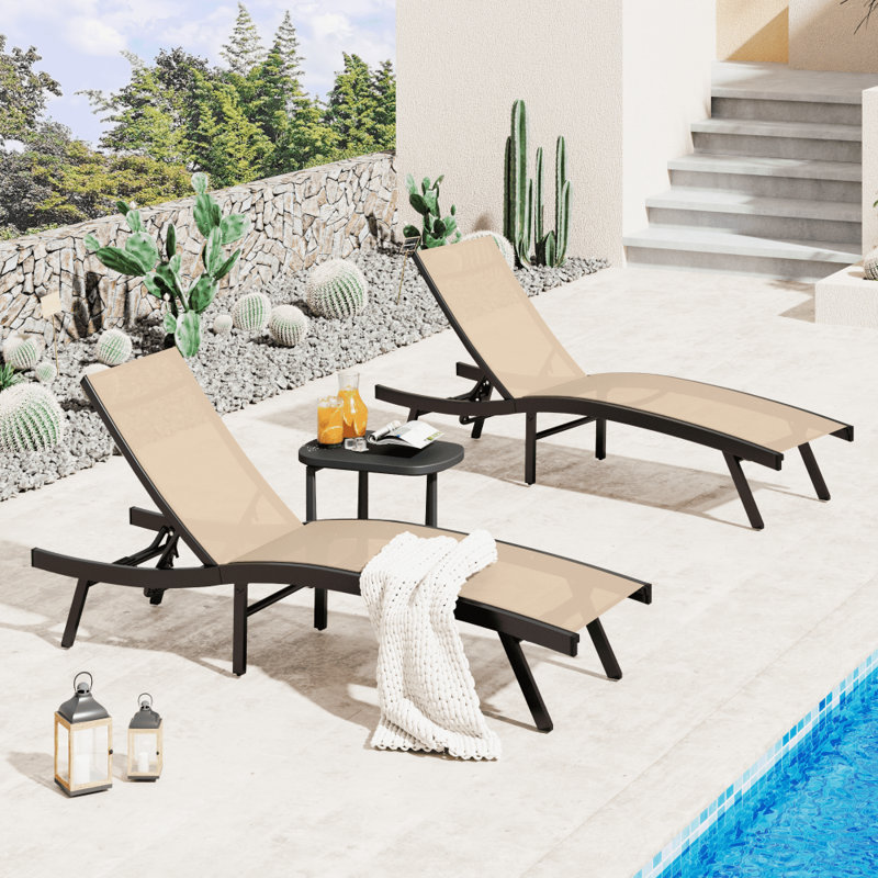 2 PCS All Weather Pool Lounge Chairs Ergonomic Design With Adjustable Backrest, Beige