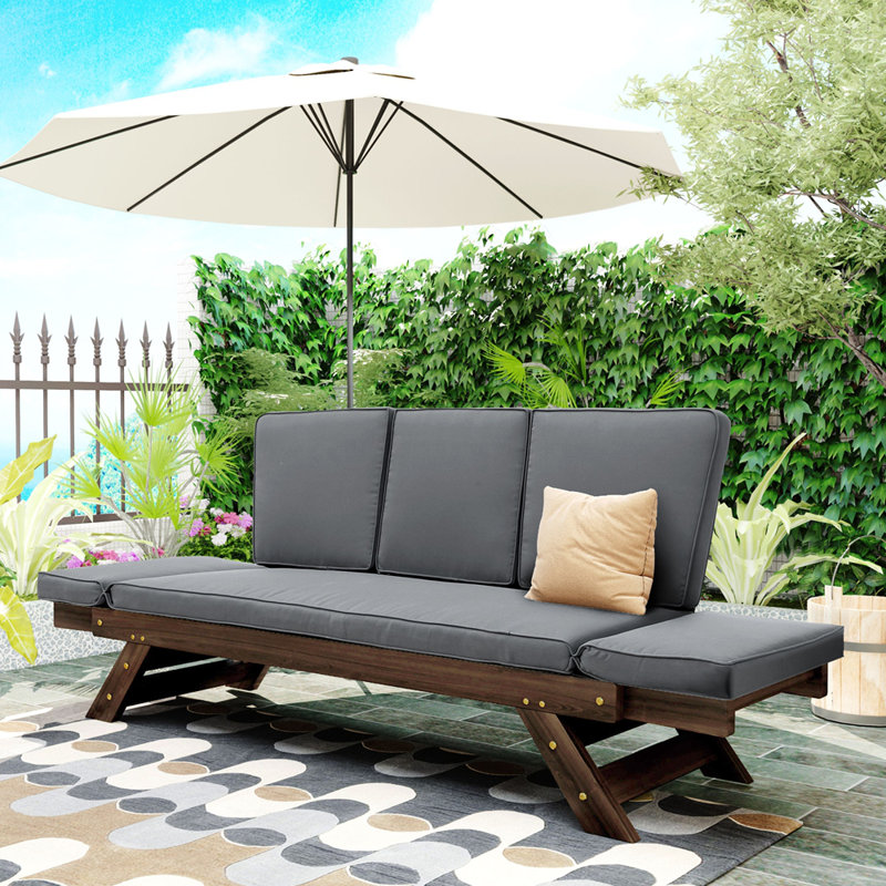 80.9'' Wide Straight Acacia Patio Sofa with Cushions, Gray, Brown