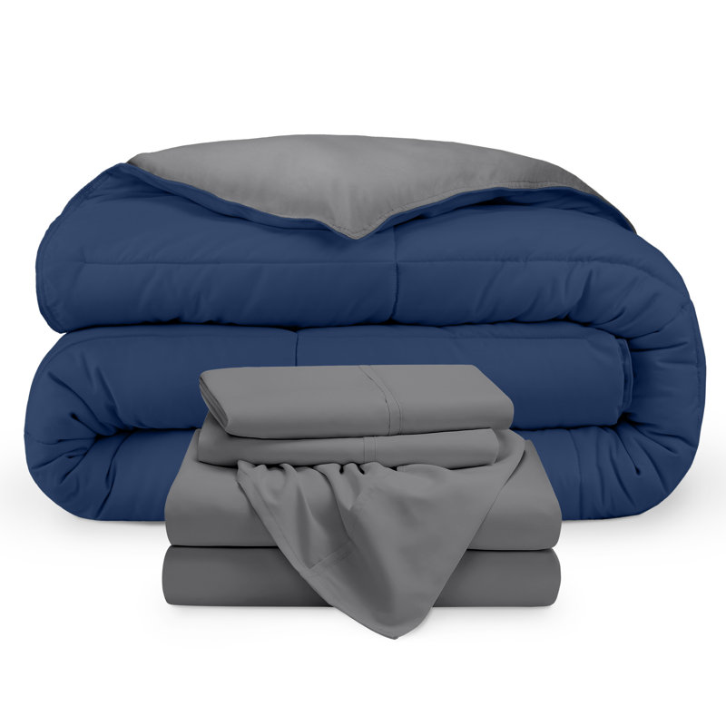 Microfiber Reversible Bed-In-A-Bag, Dark Blue/Grey, Grey, Split Head Flex King Comforter + 2 Pillowcases