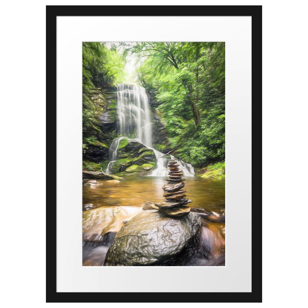 Gerahmtes Poster Zen Steine vor Wasserfall