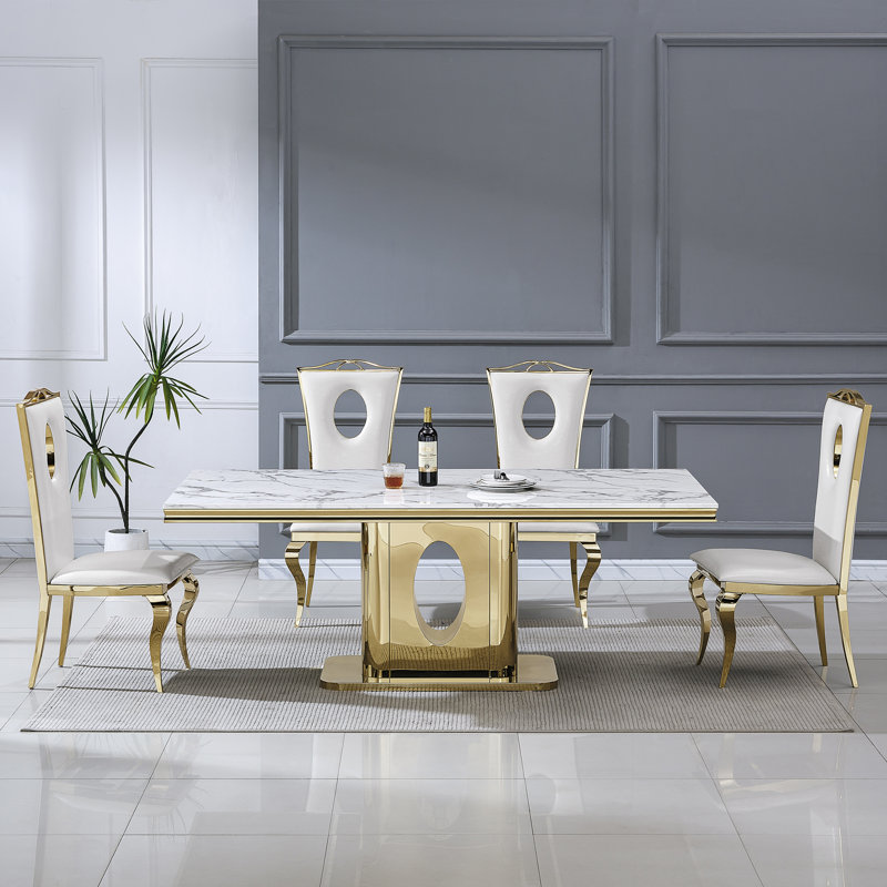 70.08" Rectangular Faux Marble Top Pedestal Dining Set, White/Gold