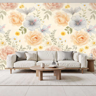 Papier peint adhésif rétro à motif de roses jaunes à fleurs rétro H 69 po x l 96 po, papier peint amovible en PVC pour le salon de la chambre à coucher