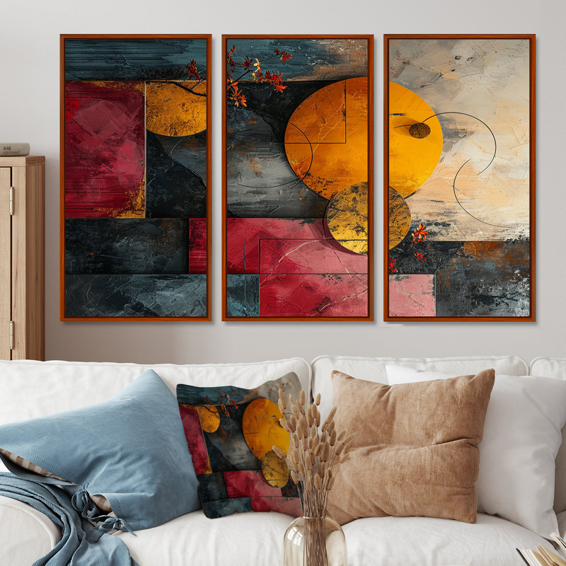 Double Moon Rising Turquoise Gold II - ensemble d'art mural géométrique, H 28 po x l 36 po x P 1 po, Cadre flottant brun