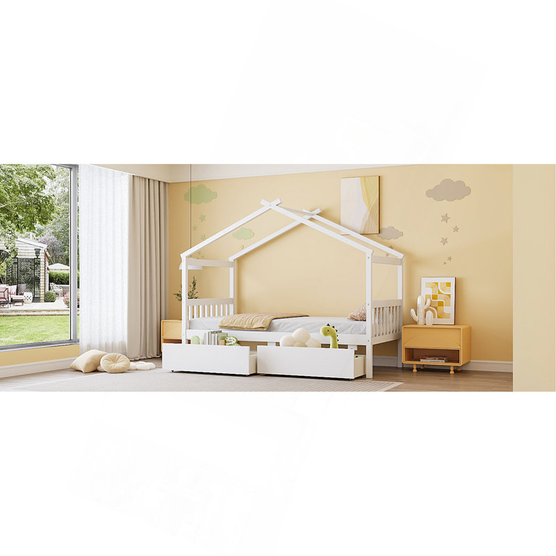 Lit simple en bois avec tiroirs, Simple, Blanc