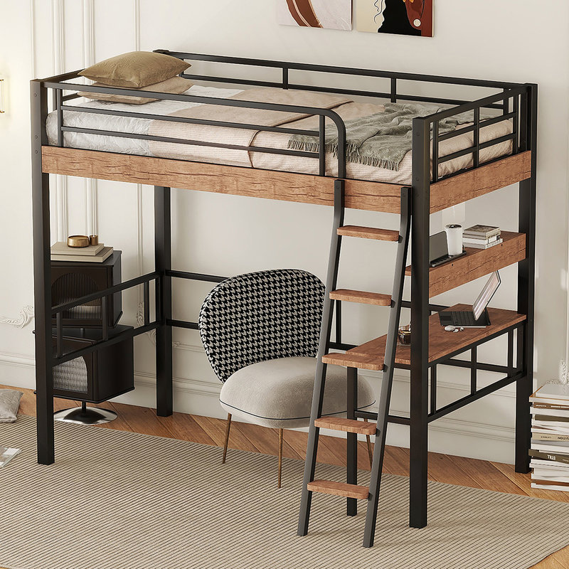 Lit mezzanine en métal avec tablette de rangement intégrée et échelle, Lit simple
