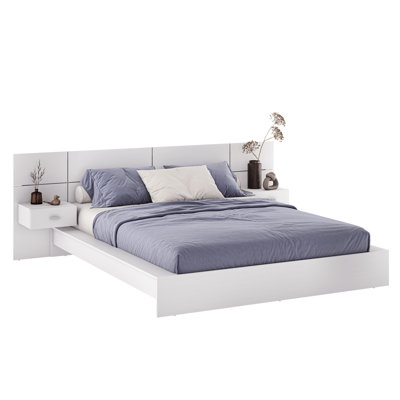 Chambre à coucher moderne Kaphan - Lit plateforme avec tête de lit et tables de chevet (2) - Assemblage facile, aucun sommier requis