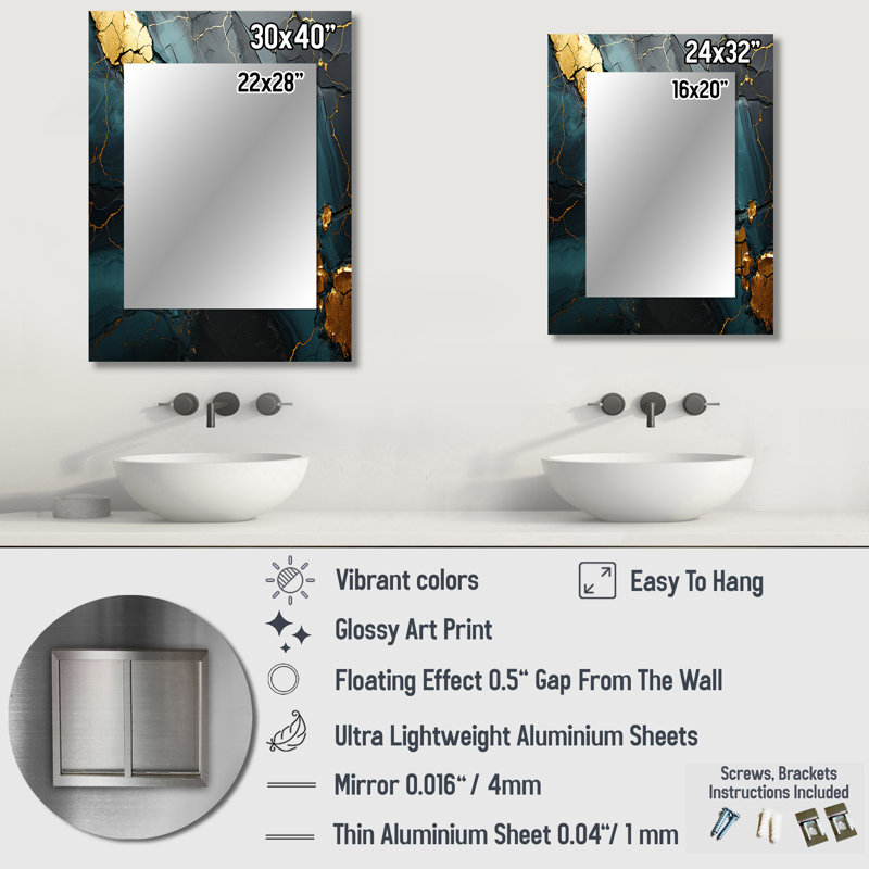 Gold and Green Abstract marble Aura VII - Marble Large Mirror, Gold Unique Wall Mirror Decor, Printed Metal Art, 32" x 24"