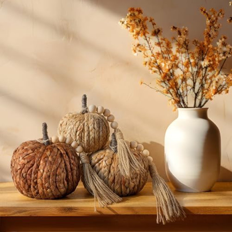 3 pièces citrouille en rotin avec perles de pampille Boho neutre automne décor de l'Action de grâce fait à la main citrouille artificielle tissée centres de table décorations d'automne pour la cheminée intérieure Halloween