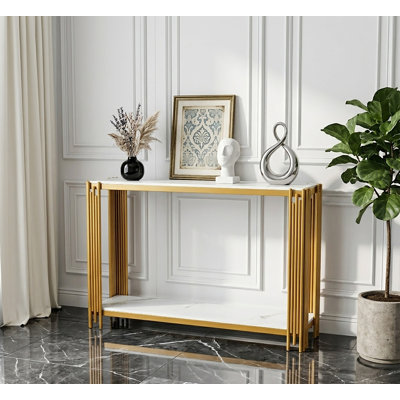 Console à 2 niveaux en faux marbre, table de canapé de salon, table d'entrée dorée moderne étroite, table d'entrée de couloir pour entrée, couloir