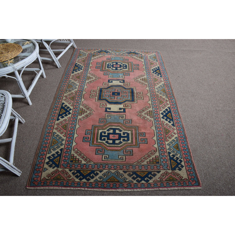 Tapis turc vintage tissé à la main avec un motif tribal géométrique dans des tons de bleu vif