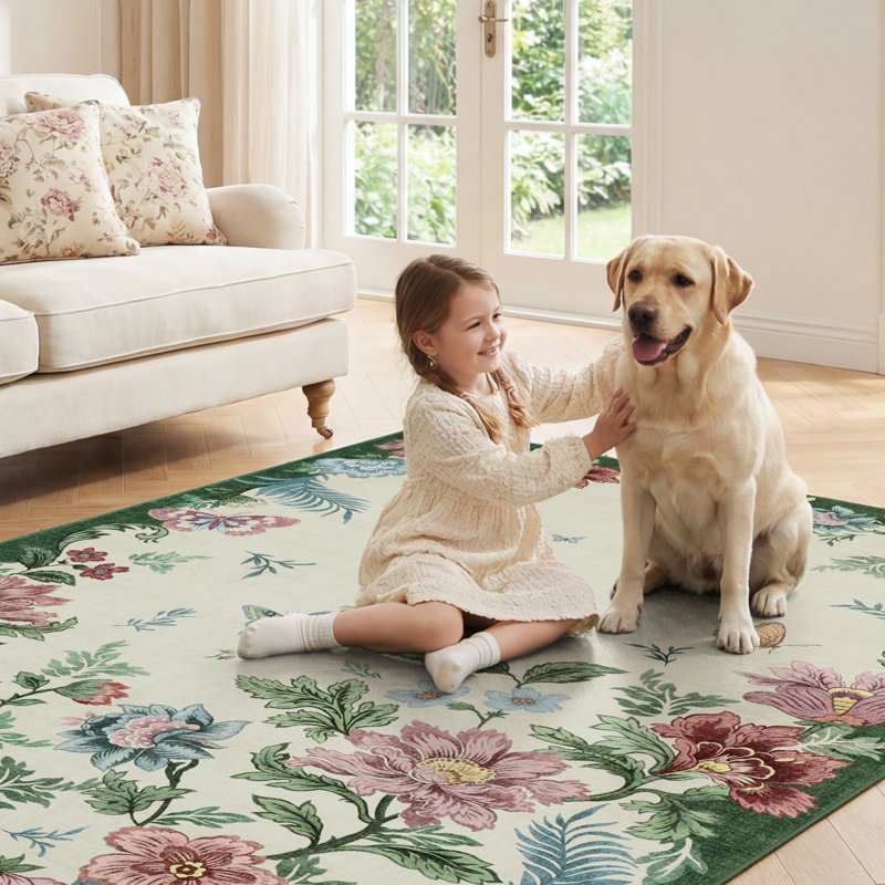 8x10 Floral Washable Area Rug Low Pile Carpet With Non Slip Base and Stain Resistant Finish for Living Bedroom and Dining Spaces, Beige