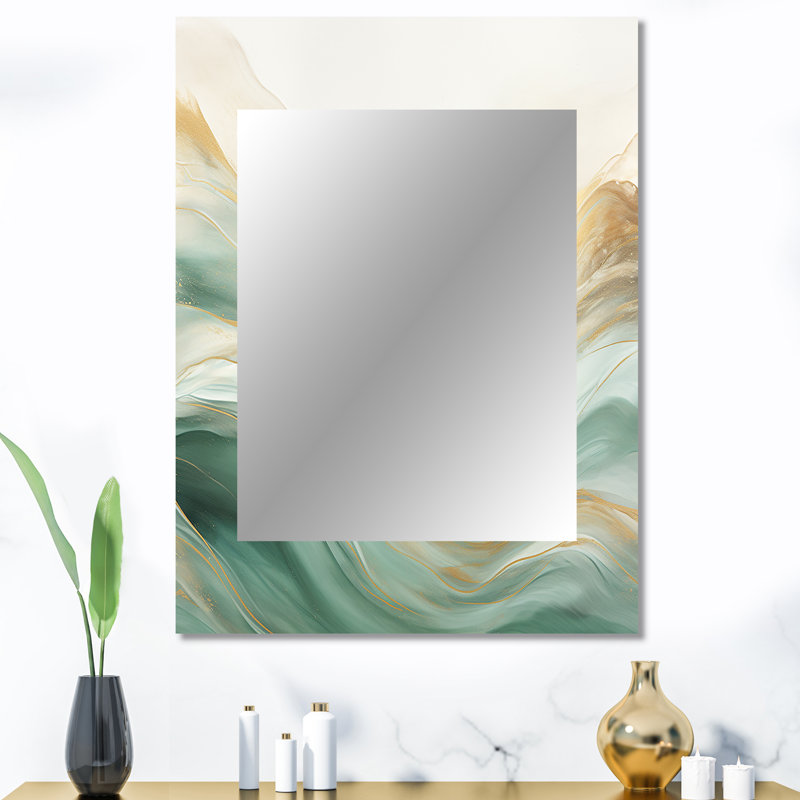 Or et vert Soft Wave Fusion I - formes abstraites de miroir mural, grand miroir beige, impression d'art en métal