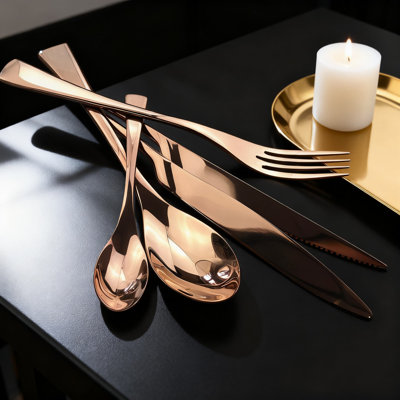 28-Piece Stainless Steel Flatware Set Service For 4, Mirror Polished Copper Cutlery Set With Steak Knives, Dishwasher Safe Kitchen Utensils For Home And Restaurant Use