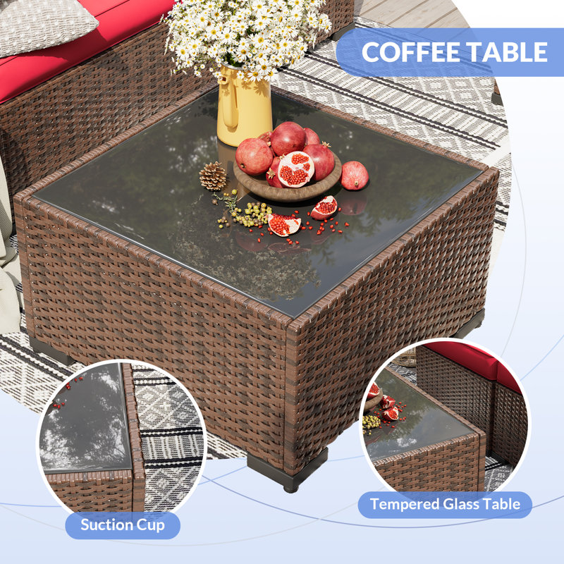 Ensemble de conversation modulaire en rotin Babak avec foyer et table basse, 6, Rouge