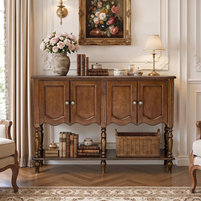 Armoire de rangement 47,2 po avec 4 portes, finition en placage de bois véritable, tablette inférieure ouverte, niveleurs réglables, pour le salon et le vestibule