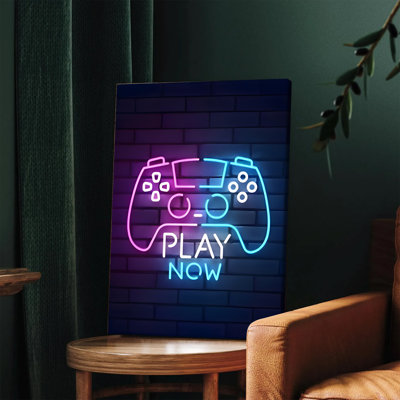 1 PC, art mural, affiches encadrées, contrôleur de jeu au néon, art mural Play Now, impression sur toile pour décoration de salle de jeu Cadeaux de jeu modernes, effet de lumière à DEL, œuvre d'art numérique, décorations pour la chambre des garçons, salon, bureau
