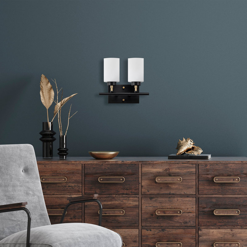 Industrial Wall Lamp with Metal Body, Black & Gold Finish, 12 x 20 x 0.8 inches | Glass Cap (Cap Diameter: 4 inches, Height: 6 inches) | 2 x E27 Socket (Max 40W) | Scandinavian Design for Modern Home Decor