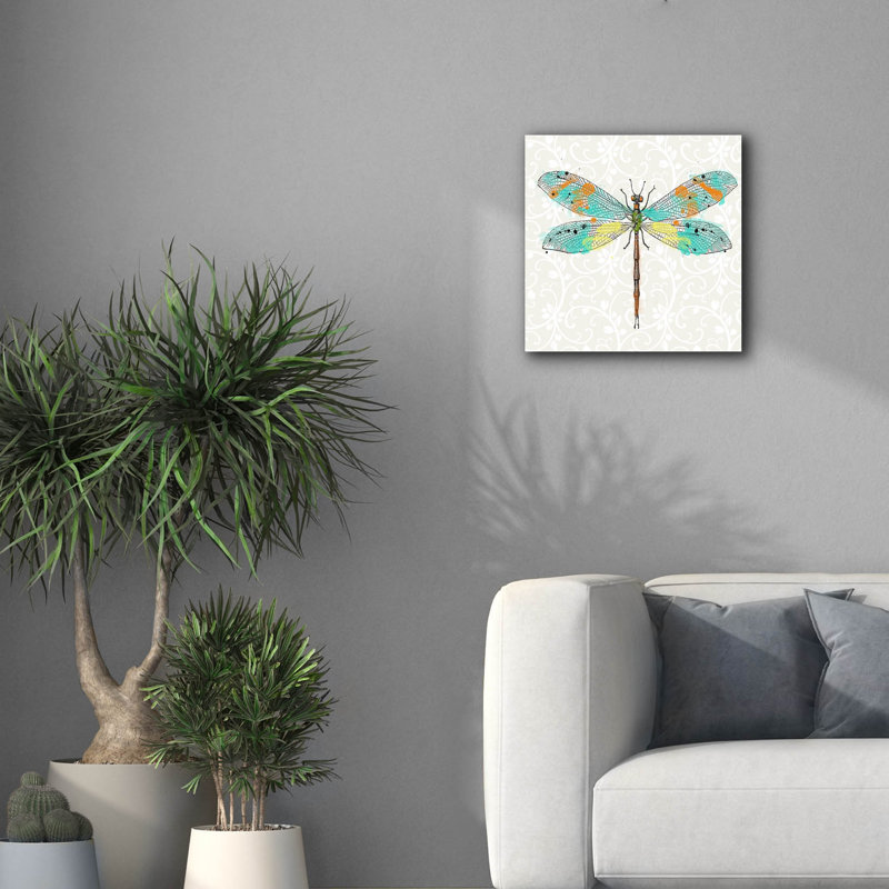  «Dragonfly On Gray Floral A» par Jean Plout, art mural sur toile, 18 po x 18 po, 18"x18"