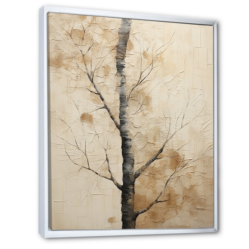" Beige Trees Oak Solitude IV ", White Floater Frame, 44" H x 34" W x 1.5" D