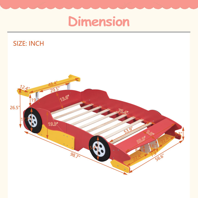 Lit plateforme pleine grandeur en forme de voiture de course avec roulettes, Rouge