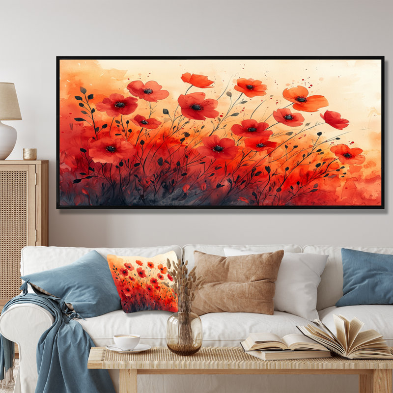 «Autumn Dance Of The Sunset Poppies III» - Art mural coquelicots, 24" H x 32" W, Cadre flottant noir