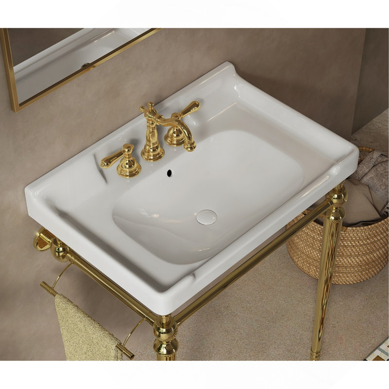 28" Bathroom Ceramic Basin With 3 Pre-Drilled Hole, NO Cabinet And Faucet, White, White