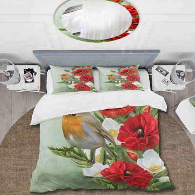 Oiseau jaune avec coquelicots rouges et anémones blanches - Ensemble de housse de couette traditionnel - Microfibre de polyester