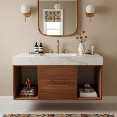 39.4" Wall-Mounted Bathroom Vanity With Ceramic Sink, Sintered Stone Top, Solid Wood Cabinet With 2-Drawers