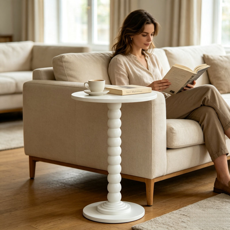 Table d'appoint ronde à pied fuselé blanc, table de chevet ornée de perles, table décorative multifonctionnelle pour salon, chambre à coucher et petits espaces