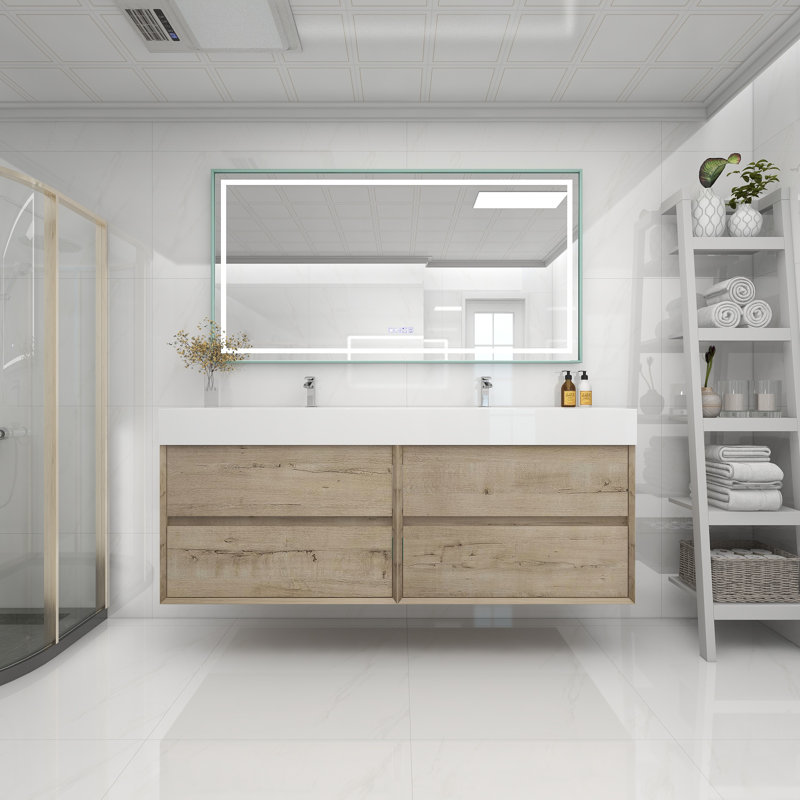 72" Wall Mounted Double Bathroom Vanity, White Oak