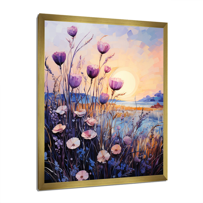 Mauve chardon symphonie I - impressions murales florales et botaniques, H 32 po x l 16 po x P 1 po, Encadrement doré