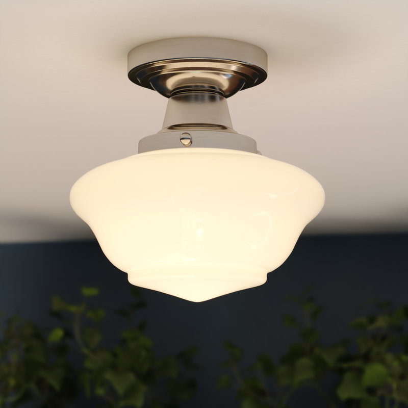 Plafonnier semi-encastré de style école en nickel satiné à 1 lumière de 8,75 po avec abat-jour en verre opale givré Eastgate, idéal pour les plafonds bas, la chambre à coucher, le couloir ou la cuisine