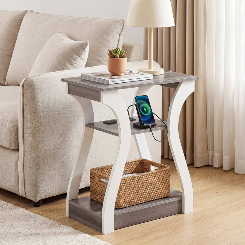 Table de chevet de 19,7 po de largeur avec station de charge et 2 tablettes de rangement, Gris blanc, 1