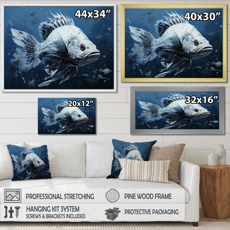 Poisson dans le bleu profond II - art mural poisson, H 12 po x l 20 po x P 1,5 po, Cadre doré simple